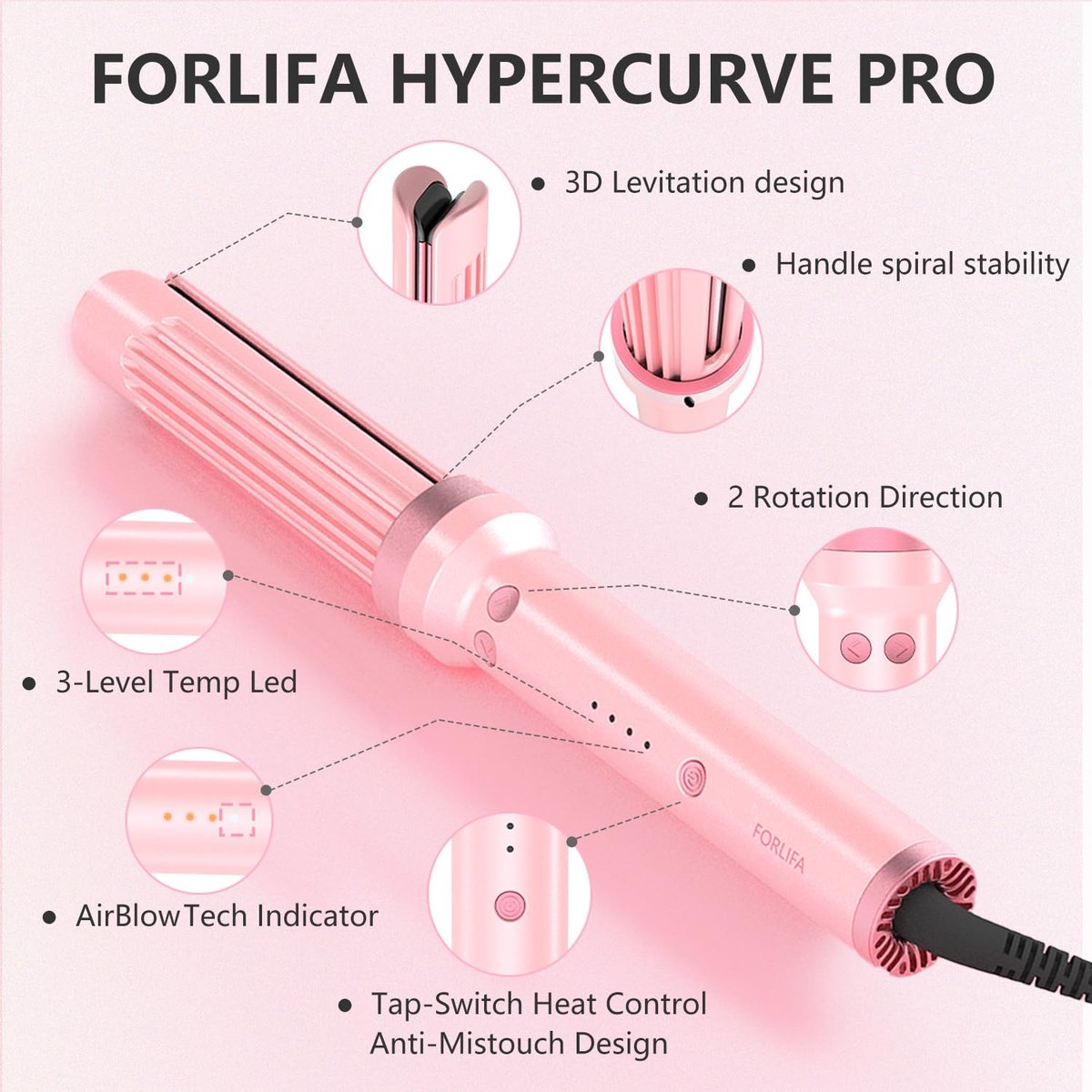 FORLIFA Automatic Curling Iron with Cool Airflow Styler – Self Rotating Curling Wand with 1.1 Billion Negative Ions, Triple Hair Protect, Tangle-Free, Dual Voltage, 3-in-1 Pro Hypercurve Auto Hair Curler (Pink, 25mm) Avelisse