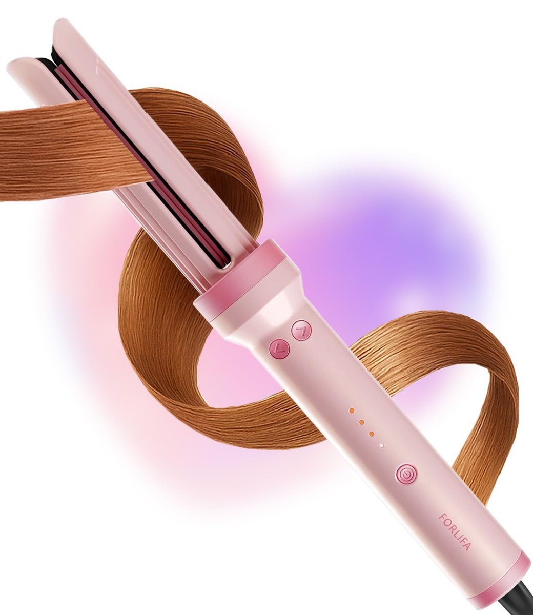 FORLIFA Automatic Curling Iron with Cool Airflow Styler – Self Rotating Curling Wand with 1.1 Billion Negative Ions, Triple Hair Protect, Tangle-Free, Dual Voltage, 3-in-1 Pro Hypercurve Auto Hair Curler (Pink, 25mm) Avelisse