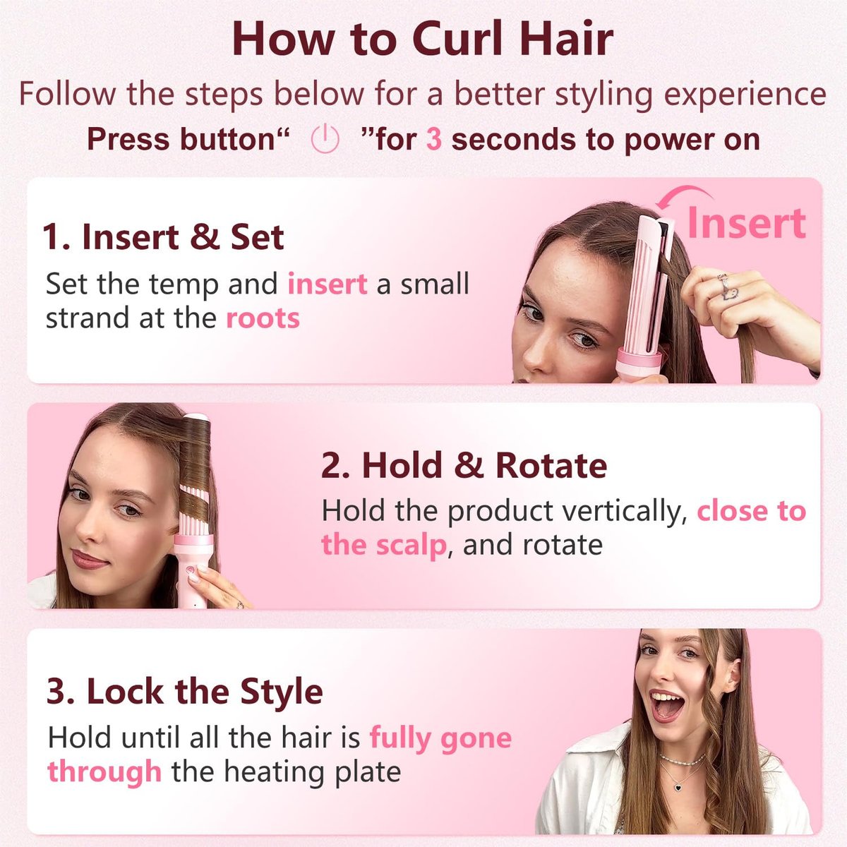 FORLIFA Automatic Curling Iron with Cool Airflow Styler – Self Rotating Curling Wand with 1.1 Billion Negative Ions, Triple Hair Protect, Tangle-Free, Dual Voltage, 3-in-1 Pro Hypercurve Auto Hair Curler (Pink, 25mm) Avelisse