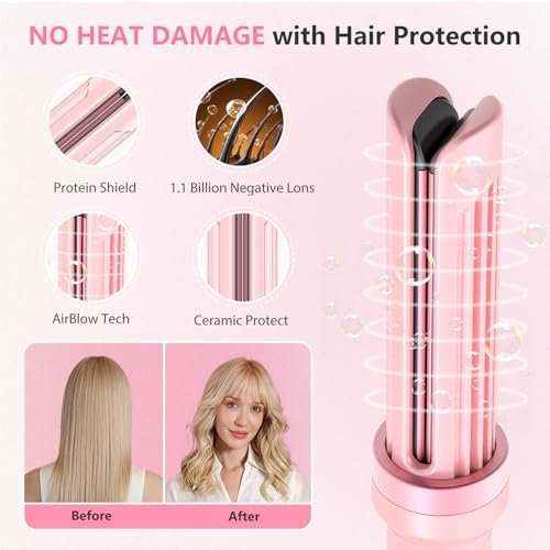FORLIFA Automatic Curling Iron with Cool Airflow Styler – Self Rotating Curling Wand with 1.1 Billion Negative Ions, Triple Hair Protect, Tangle-Free, Dual Voltage, 3-in-1 Pro Hypercurve Auto Hair Curler (Pink, 25mm) Avelisse