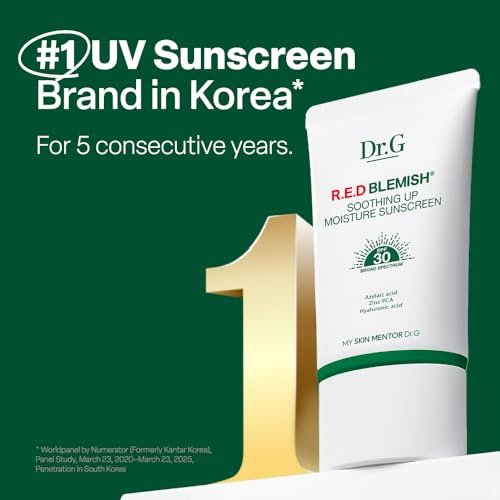 Dr. G R.E.D. Blemish Soothing Up Moisture Sunscreen - Korean Sunscreen SPF 50+ PA++++ No White Cast, Hyaluronic Acid, Azelaic Acid, 1.69 fl oz Avelisse