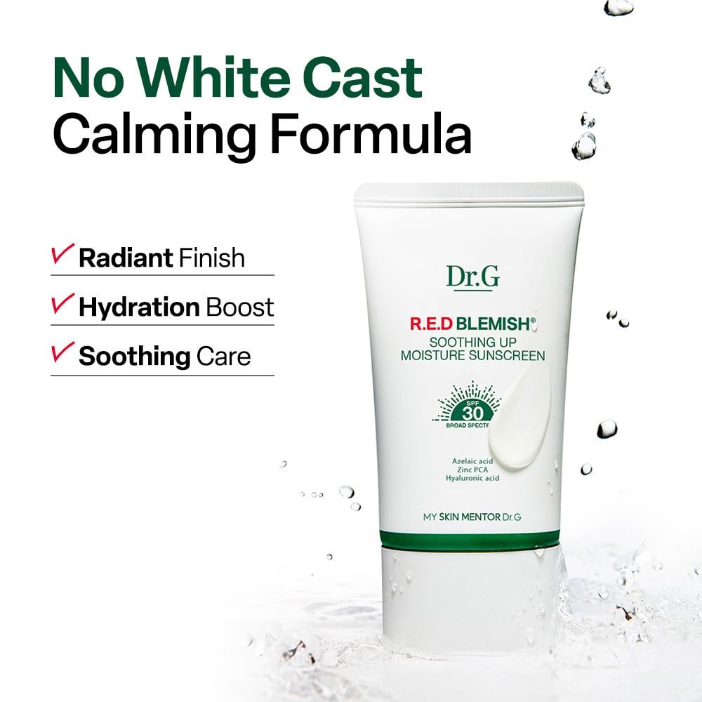 Dr. G R.E.D. Blemish Soothing Up Moisture Sunscreen - Korean Sunscreen SPF 50+ PA++++ No White Cast, Hyaluronic Acid, Azelaic Acid, 1.69 fl oz Avelisse