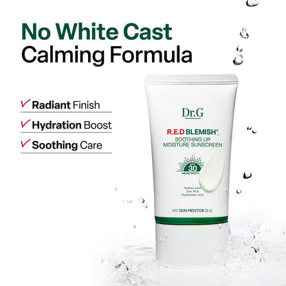 Dr. G R.E.D. Blemish Soothing Up Moisture Sunscreen - Korean Sunscreen SPF 50+ PA++++ No White Cast, Hyaluronic Acid, Azelaic Acid, 1.69 fl oz Avelisse