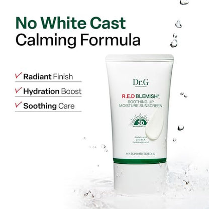 Dr. G R.E.D. Blemish Soothing Up Moisture Sunscreen - Korean Sunscreen SPF 50+ PA++++ No White Cast, Hyaluronic Acid, Azelaic Acid, 1.69 fl oz Avelisse