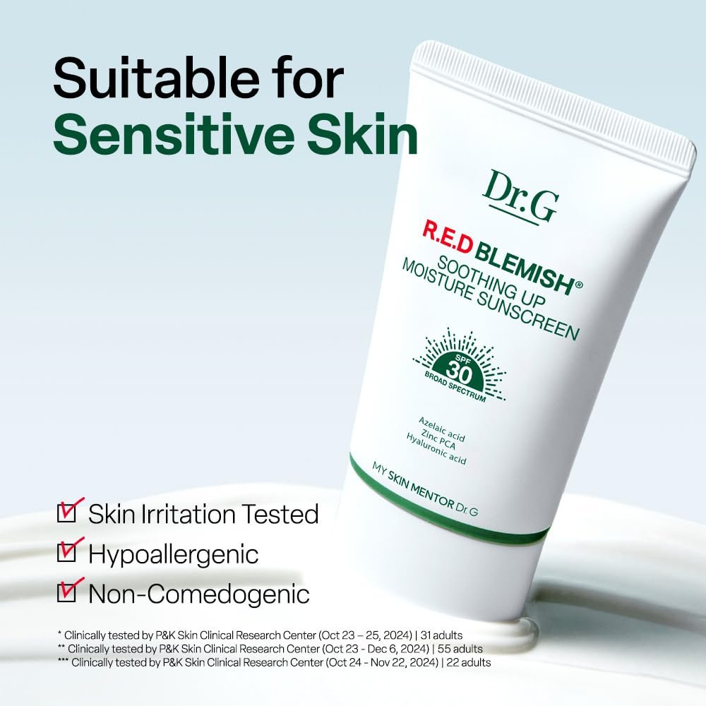 Dr. G R.E.D. Blemish Soothing Up Moisture Sunscreen - Korean Sunscreen SPF 50+ PA++++ No White Cast, Hyaluronic Acid, Azelaic Acid, 1.69 fl oz Avelisse