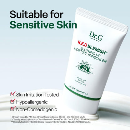 Dr. G R.E.D. Blemish Soothing Up Moisture Sunscreen - Korean Sunscreen SPF 50+ PA++++ No White Cast, Hyaluronic Acid, Azelaic Acid, 1.69 fl oz Avelisse