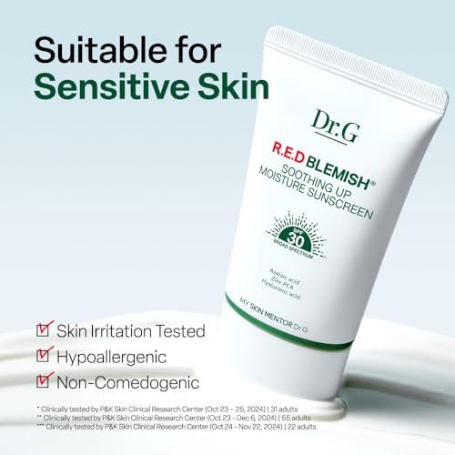 Dr. G R.E.D. Blemish Soothing Up Moisture Sunscreen - Korean Sunscreen SPF 50+ PA++++ No White Cast, Hyaluronic Acid, Azelaic Acid, 1.69 fl oz Avelisse