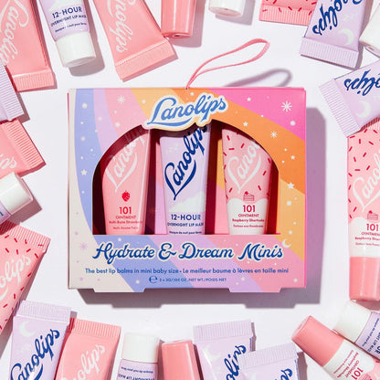 Lanolips Hydrate & Dream Minis Gift Set - 3-Piece Lanolin Lip Balm & Overnight Mask Set in Strawberry & Raspberry Shortcake Avelisse