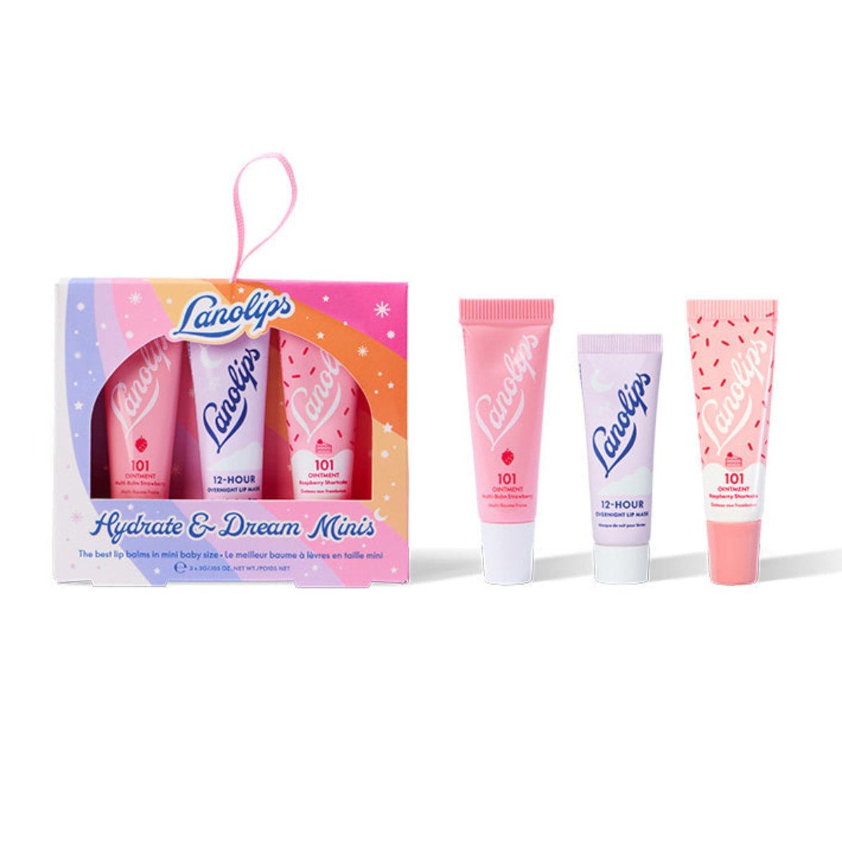 Lanolips Hydrate & Dream Minis Gift Set - 3-Piece Lanolin Lip Balm & Overnight Mask Set in Strawberry & Raspberry Shortcake Avelisse