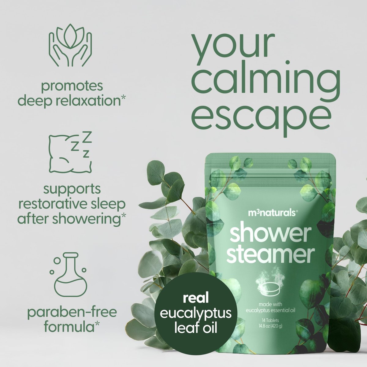 Eucalyptus Aromatherapy Shower Steamers – 14 Individually Wrapped Tablets for Sinus Relief, Relaxation, Sleep & Post-Workout Recovery by M3 Naturals - görsel 3