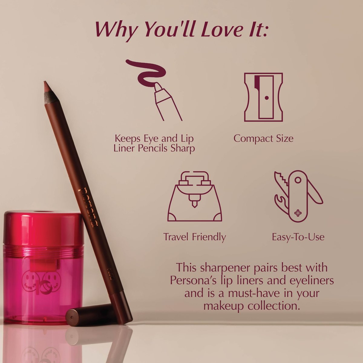 PERSONA Pencil Sharpener – Precision Sharpener for Lip & Eye Pencils, Travel-Friendly, Vegan & Cruelty-Free, Made in USA - görsel 5