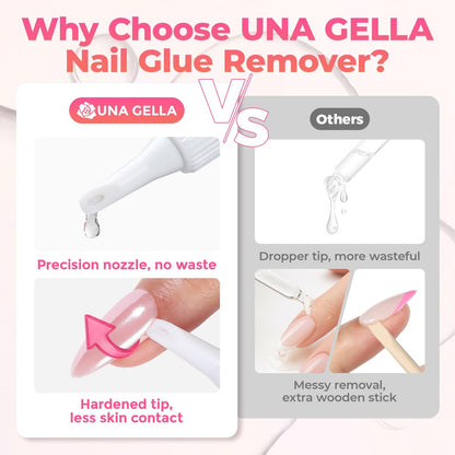 UNA GELLA No Mess Nail Glue Remover for Press On Nails 10ml 2Pcs, Acetone Free Multi-functional Fake Nail Remover with Built-in Pry Tip, Quick Adhesive Debonder for False Tips