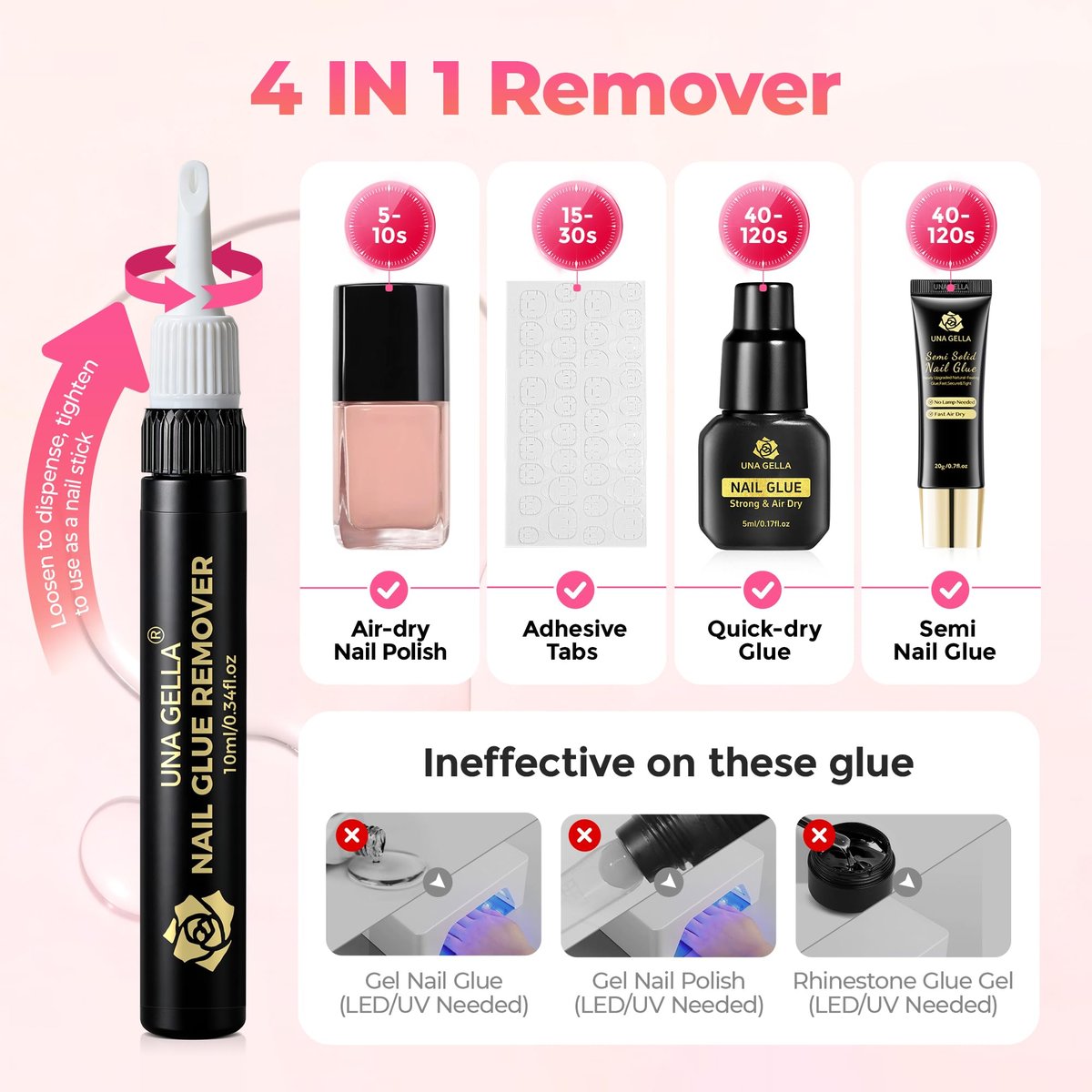 UNA GELLA No Mess Nail Glue Remover for Press On Nails 10ml 2Pcs, Acetone Free Multi-functional Fake Nail Remover with Built-in Pry Tip, Quick Adhesive Debonder for False Tips - görsel 8