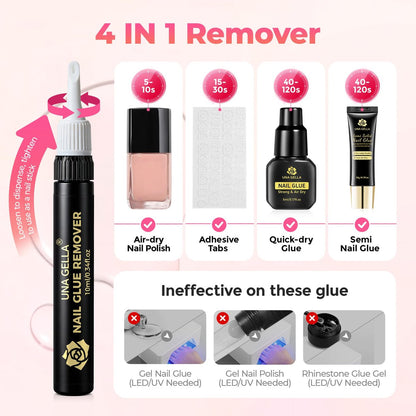 UNA GELLA No Mess Nail Glue Remover for Press On Nails 10ml 2Pcs, Acetone Free Multi-functional Fake Nail Remover with Built-in Pry Tip, Quick Adhesive Debonder for False Tips