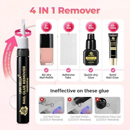 UNA GELLA No Mess Nail Glue Remover for Press On Nails 10ml 2Pcs, Acetone Free Multi-functional Fake Nail Remover with Built-in Pry Tip, Quick Adhesive Debonder for False Tips