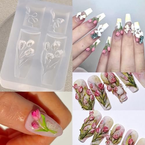 FSpronail Silicone Nail Art Molds - 2PCS Reusable Clear 3D Flower Nail Charm Molds with Carving Pen for Tulip, Bouquet, Lily, Hibiscus Nail Design - Manicure Template DIY Charms Resin Craft Accessories - görsel 8