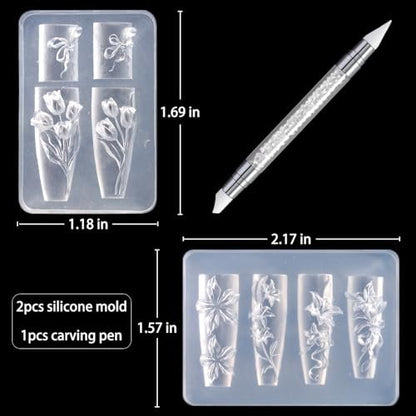 FSpronail Silicone Nail Art Molds - 2PCS Reusable Clear 3D Flower Nail Charm Molds with Carving Pen for Tulip, Bouquet, Lily, Hibiscus Nail Design - Manicure Template DIY Charms Resin Craft Accessories