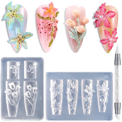 FSpronail Silicone Nail Art Molds - 2PCS Reusable Clear 3D Flower Nail Charm Molds with Carving Pen for Tulip, Bouquet, Lily, Hibiscus Nail Design - Manicure Template DIY Charms Resin Craft Accessories