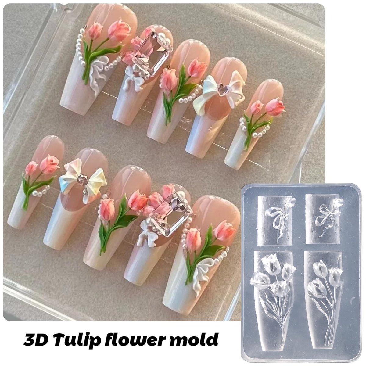 FSpronail Silicone Nail Art Molds - 2PCS Reusable Clear 3D Flower Nail Charm Molds with Carving Pen for Tulip, Bouquet, Lily, Hibiscus Nail Design - Manicure Template DIY Charms Resin Craft Accessories - görsel 5