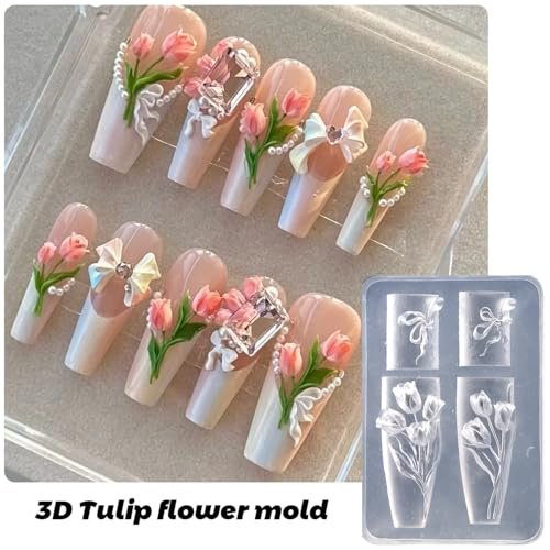 FSpronail Silicone Nail Art Molds - 2PCS Reusable Clear 3D Flower Nail Charm Molds with Carving Pen for Tulip, Bouquet, Lily, Hibiscus Nail Design - Manicure Template DIY Charms Resin Craft Accessories - görsel 6