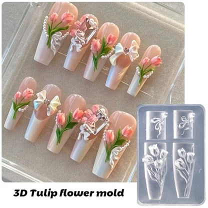 FSpronail Silicone Nail Art Molds - 2PCS Reusable Clear 3D Flower Nail Charm Molds with Carving Pen for Tulip, Bouquet, Lily, Hibiscus Nail Design - Manicure Template DIY Charms Resin Craft Accessories