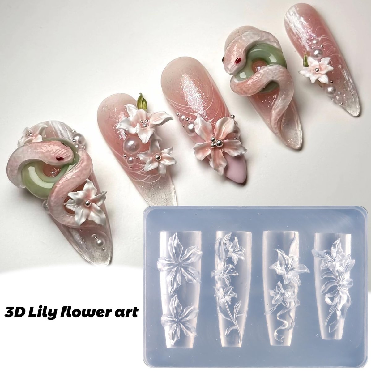 FSpronail Silicone Nail Art Molds - 2PCS Reusable Clear 3D Flower Nail Charm Molds with Carving Pen for Tulip, Bouquet, Lily, Hibiscus Nail Design - Manicure Template DIY Charms Resin Craft Accessories - görsel 9