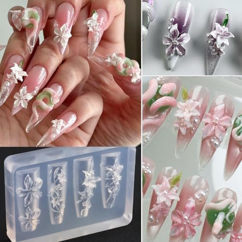 FSpronail Silicone Nail Art Molds - 2PCS Reusable Clear 3D Flower Nail Charm Molds with Carving Pen for Tulip, Bouquet, Lily, Hibiscus Nail Design - Manicure Template DIY Charms Resin Craft Accessories - görsel 12