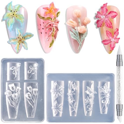 FSpronail Silicone Nail Art Molds - 2PCS Reusable Clear 3D Flower Nail Charm Molds with Carving Pen for Tulip, Bouquet, Lily, Hibiscus Nail Design - Manicure Template DIY Charms Resin Craft Accessories - görsel 2