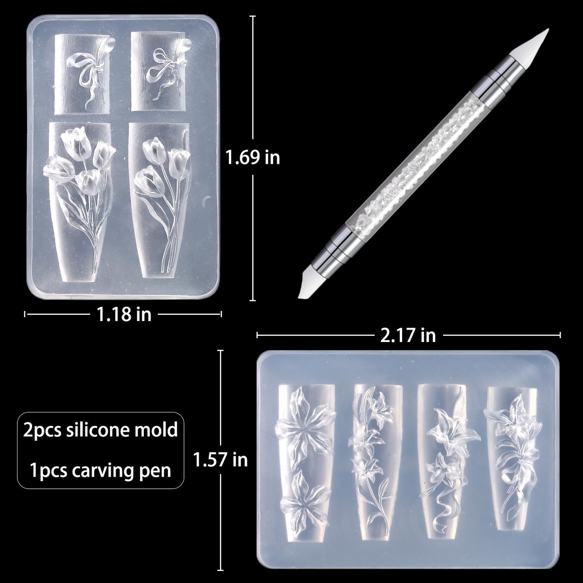 FSpronail Silicone Nail Art Molds - 2PCS Reusable Clear 3D Flower Nail Charm Molds with Carving Pen for Tulip, Bouquet, Lily, Hibiscus Nail Design - Manicure Template DIY Charms Resin Craft Accessories - görsel 3
