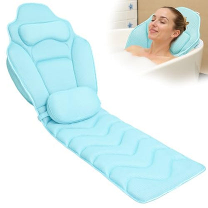 Idle Hippo Extra Long 61'' Full Body Bath Pillow for Bathtub - Ergonomic 4D Air Mesh Tub Pillow with Head, Neck & Lumbar Support, Non-Slip Suction Cups (Lake Blue) Avelisse