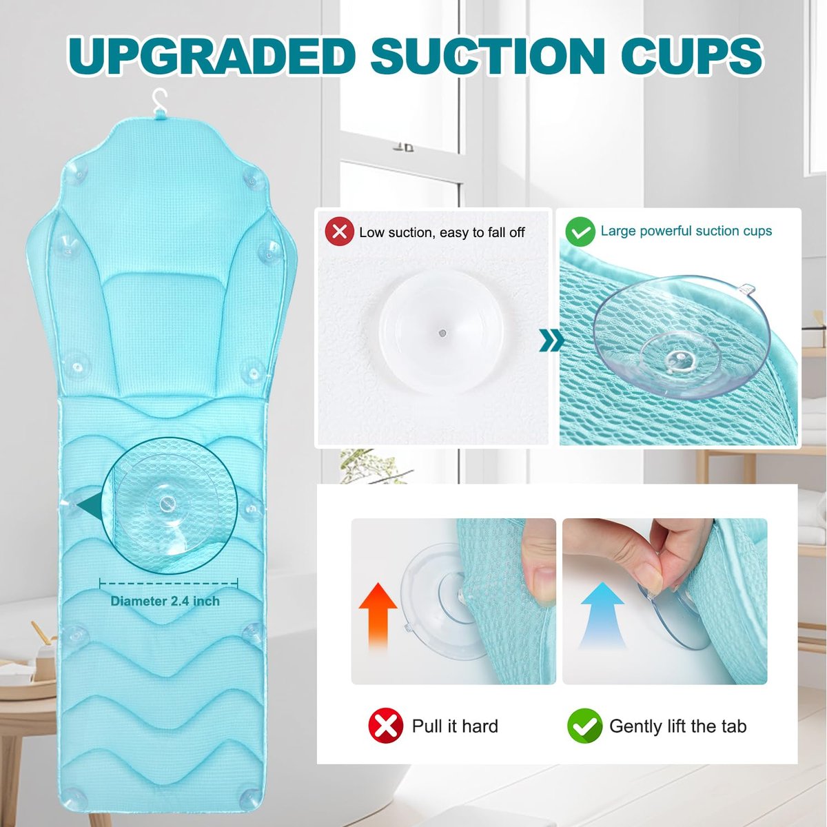 Idle Hippo Extra Long 61'' Full Body Bath Pillow for Bathtub - Ergonomic 4D Air Mesh Tub Pillow with Head, Neck & Lumbar Support, Non-Slip Suction Cups (Lake Blue) Avelisse