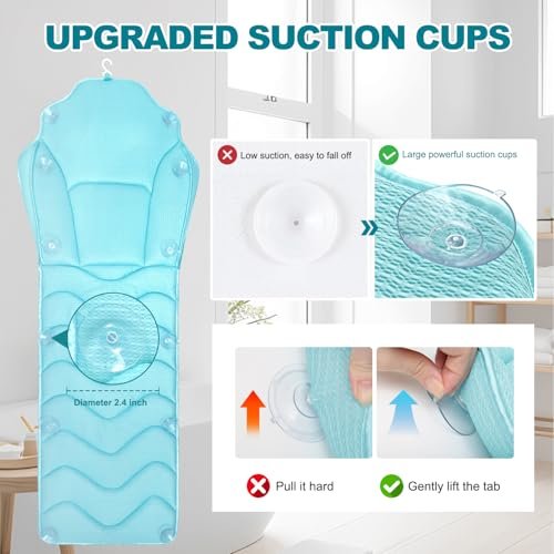 Idle Hippo Extra Long 61'' Full Body Bath Pillow for Bathtub - Ergonomic 4D Air Mesh Tub Pillow with Head, Neck & Lumbar Support, Non-Slip Suction Cups (Lake Blue) Avelisse