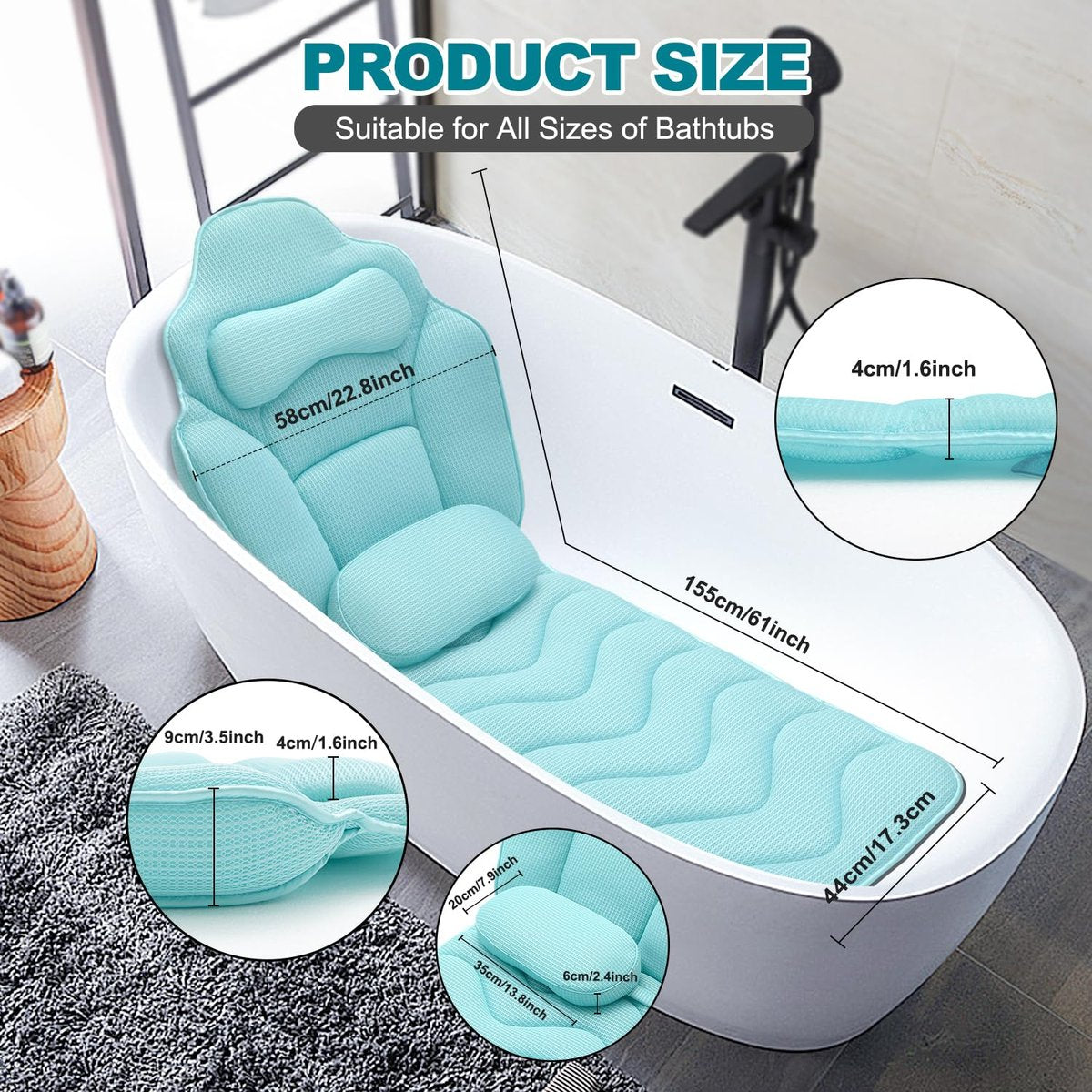 Idle Hippo Extra Long 61'' Full Body Bath Pillow for Bathtub - Ergonomic 4D Air Mesh Tub Pillow with Head, Neck & Lumbar Support, Non-Slip Suction Cups (Lake Blue) Avelisse