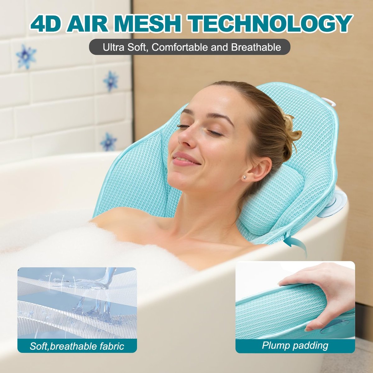 Idle Hippo Extra Long 61'' Full Body Bath Pillow for Bathtub - Ergonomic 4D Air Mesh Tub Pillow with Head, Neck & Lumbar Support, Non-Slip Suction Cups (Lake Blue) Avelisse