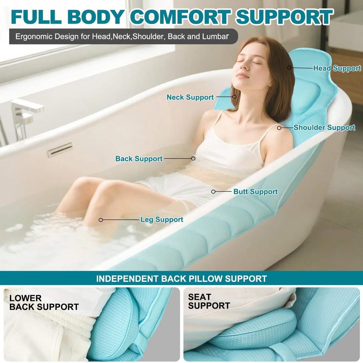 Idle Hippo Extra Long 61'' Full Body Bath Pillow for Bathtub - Ergonomic 4D Air Mesh Tub Pillow with Head, Neck & Lumbar Support, Non-Slip Suction Cups (Lake Blue) Avelisse