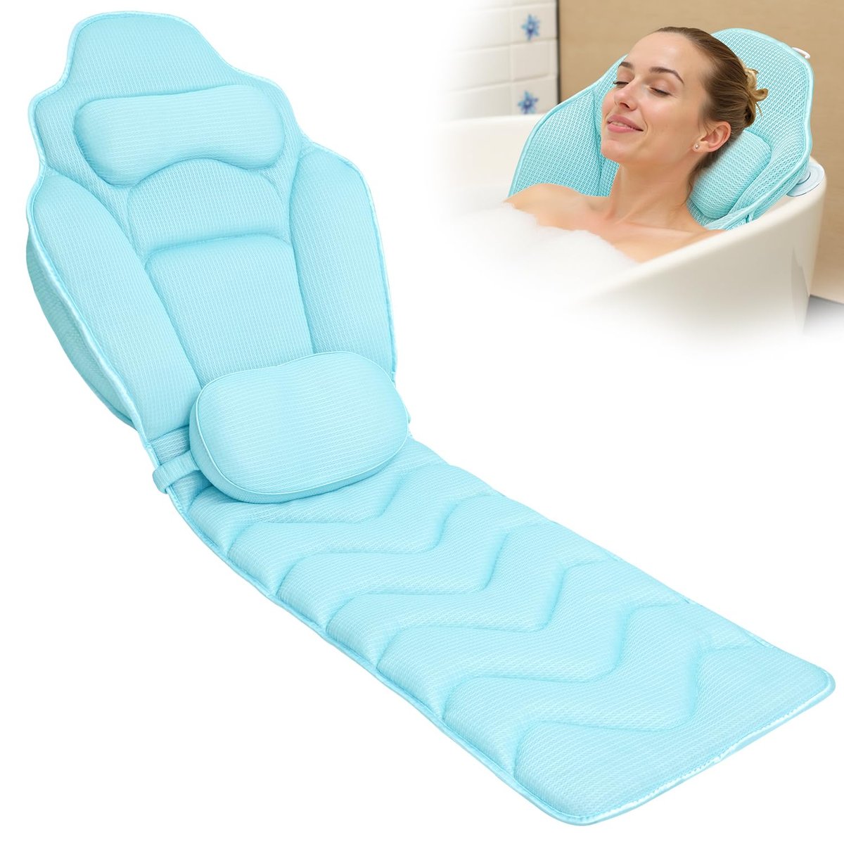 Idle Hippo Extra Long 61'' Full Body Bath Pillow for Bathtub - Ergonomic 4D Air Mesh Tub Pillow with Head, Neck & Lumbar Support, Non-Slip Suction Cups (Lake Blue) Avelisse