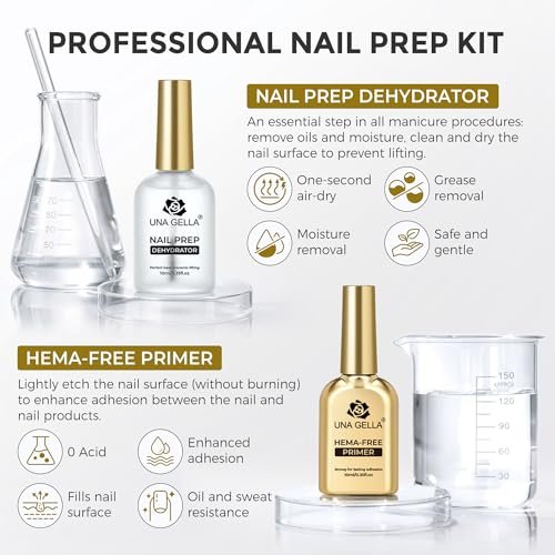 UNA GELLA Nail Dehydrator and Primer Set - Leak-Proof Glass Bottle Nail Prep for Acrylic Nails and Gel Polish, HEMA-Free Acid-Free Air Dry Manicure Supplies (2x10ml) - görsel 6