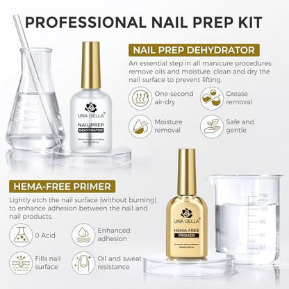 UNA GELLA Nail Dehydrator and Primer Set - Leak-Proof Glass Bottle Nail Prep for Acrylic Nails and Gel Polish, HEMA-Free Acid-Free Air Dry Manicure Supplies (2x10ml)
