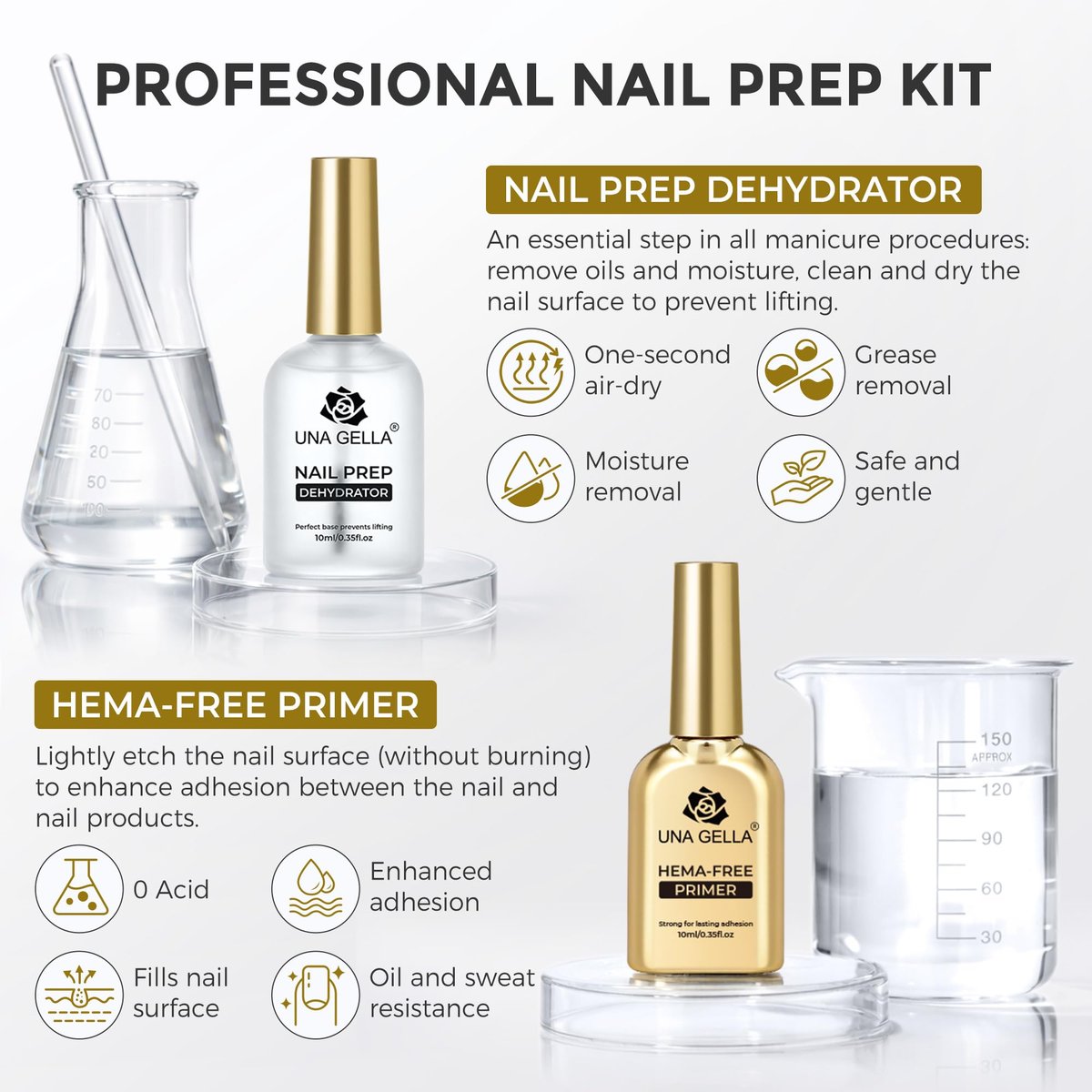 UNA GELLA Nail Dehydrator and Primer Set - Leak-Proof Glass Bottle Nail Prep for Acrylic Nails and Gel Polish, HEMA-Free Acid-Free Air Dry Manicure Supplies (2x10ml) - görsel 5