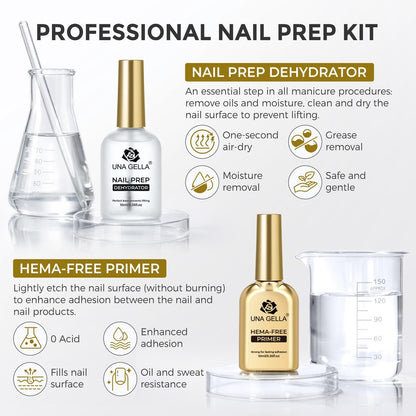 UNA GELLA Nail Dehydrator and Primer Set - Leak-Proof Glass Bottle Nail Prep for Acrylic Nails and Gel Polish, HEMA-Free Acid-Free Air Dry Manicure Supplies (2x10ml)