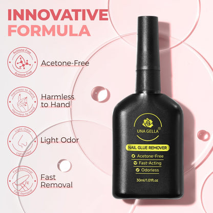 UNA GELLA Press On Nail Glue Remover with Built-in Crowbar - 30ml Acetone-Free Gentle Soak Off for Nail Tips & Adhesive Glue - Easy Home DIY Nail Art Remover