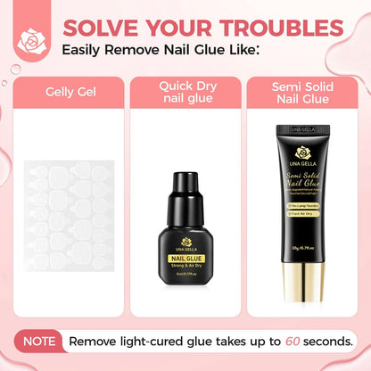UNA GELLA Press On Nail Glue Remover with Built-in Crowbar - 30ml Acetone-Free Gentle Soak Off for Nail Tips & Adhesive Glue - Easy Home DIY Nail Art Remover