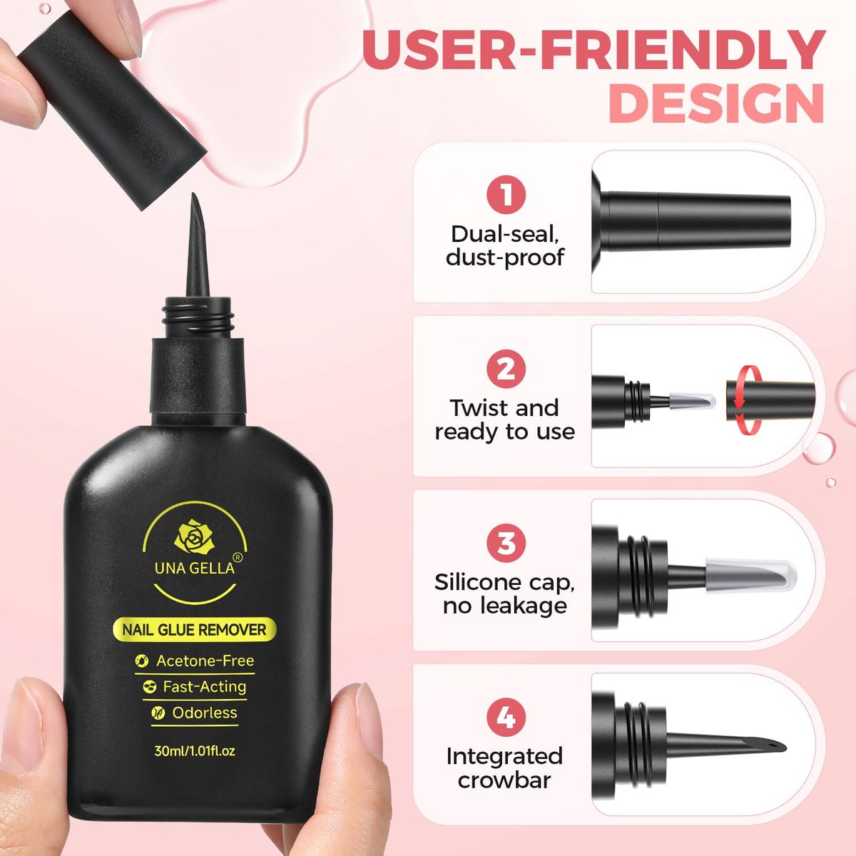 UNA GELLA Press On Nail Glue Remover with Built-in Crowbar - 30ml Acetone-Free Gentle Soak Off for Nail Tips & Adhesive Glue - Easy Home DIY Nail Art Remover - görsel 9