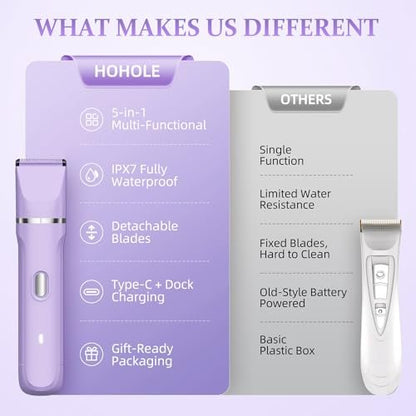 HOHOLE 5-in-1 Bikini Trimmer for Women – IPX7 Waterproof Electric Shaver, Cordless Body Hair Trimmer, Ceramic Blade (Purple) Avelisse