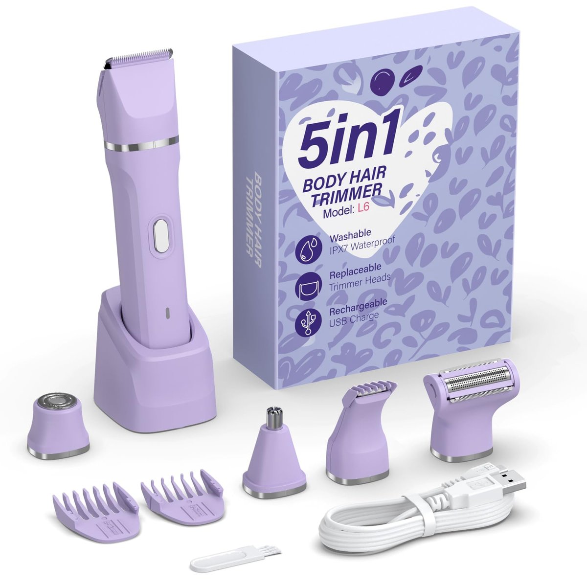 HOHOLE 5-in-1 Bikini Trimmer for Women – IPX7 Waterproof Electric Shaver, Cordless Body Hair Trimmer, Ceramic Blade (Purple) Avelisse