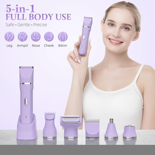 HOHOLE 5-in-1 Bikini Trimmer for Women – IPX7 Waterproof Electric Shaver, Cordless Body Hair Trimmer, Ceramic Blade (Purple) Avelisse