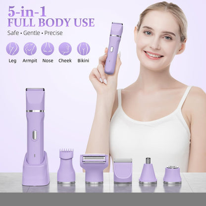 HOHOLE 5-in-1 Bikini Trimmer for Women – IPX7 Waterproof Electric Shaver, Cordless Body Hair Trimmer, Ceramic Blade (Purple) Avelisse