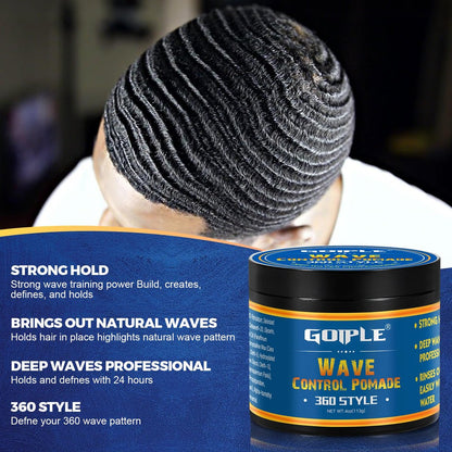 Curved 360 Wave Brush for Black Men - Medium Hard Palm Brush with Natural Boar Bristle & Wood Handle, Strong Hold Wave Pomade for Creating 360 Layer Hair Waves Avelisse