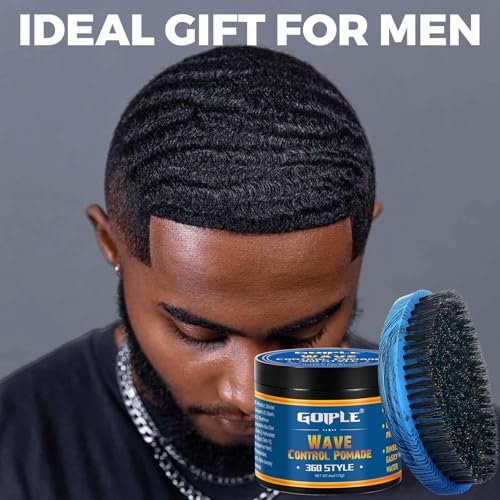 Curved 360 Wave Brush for Black Men - Medium Hard Palm Brush with Natural Boar Bristle & Wood Handle, Strong Hold Wave Pomade for Creating 360 Layer Hair Waves Avelisse