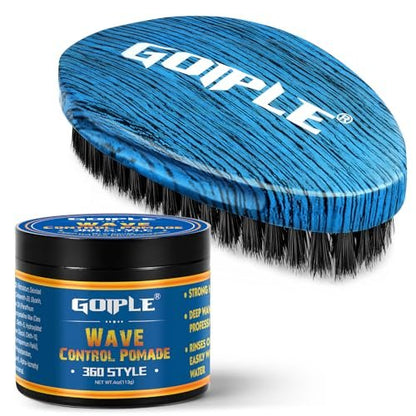 Curved 360 Wave Brush for Black Men - Medium Hard Palm Brush with Natural Boar Bristle & Wood Handle, Strong Hold Wave Pomade for Creating 360 Layer Hair Waves Avelisse